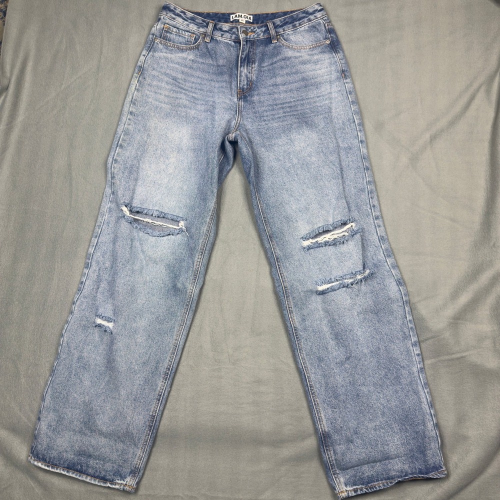 I.AM.GIA Distressed Straight Leg Jeans Light Wash Blue Ripped Denim XL